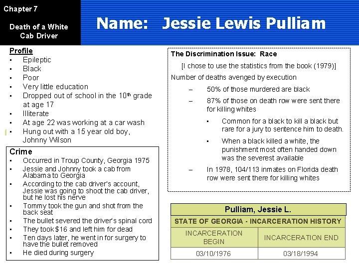 Chapter 7 Death of a White Cab Driver Name: Jessie Lewis Pulliam Profile •