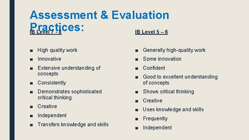 Assessment & Evaluation Practices: IB Level 7 - 8 IB Level 5 – 6