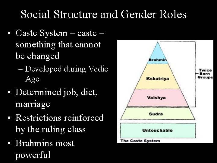Social Structure and Gender Roles • Caste System – caste = something that cannot