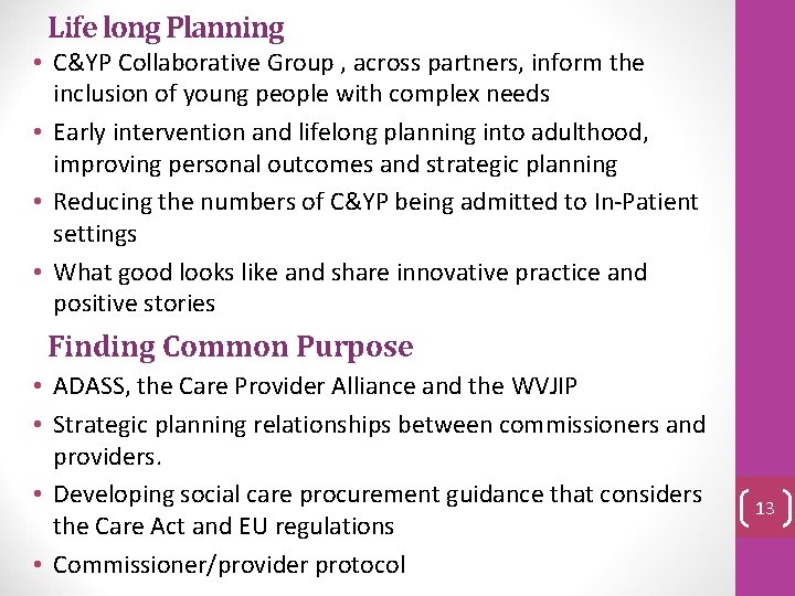 Life long Planning • C&YP Collaborative Group , across partners, inform the inclusion of