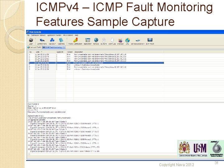 ICMPv 4 – ICMP Fault Monitoring Features Sample Capture Copyright Nava 2012 31 