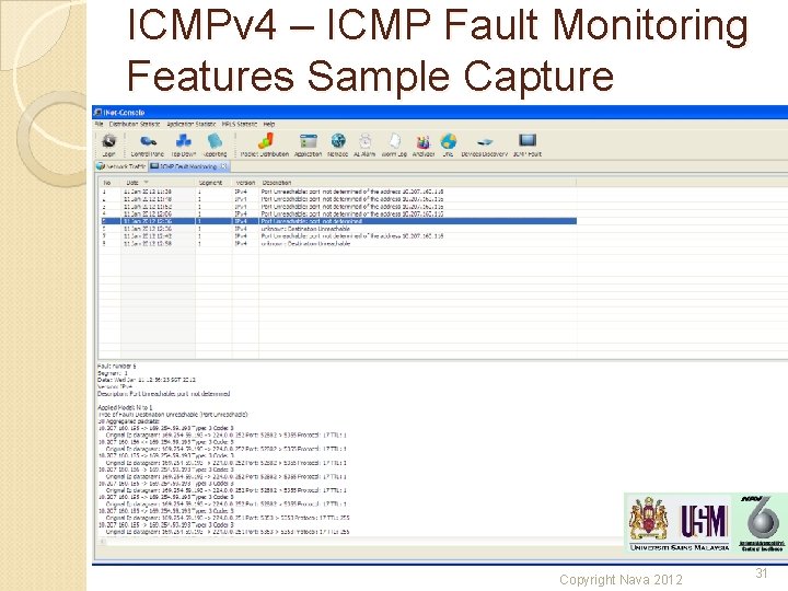 ICMPv 4 – ICMP Fault Monitoring Features Sample Capture Copyright Nava 2012 31 ICMPv 4 – ICMP Fault Monitoring Features Sample Capture Copyright Nava 2012 31