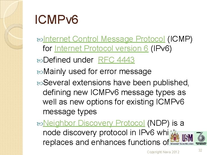 ICMPv 6 Internet Control Message Protocol (ICMP) for Internet Protocol version 6 (IPv 6) ICMPv 6 Internet Control Message Protocol (ICMP) for Internet Protocol version 6 (IPv 6)