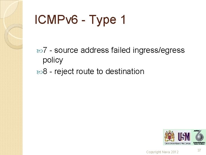 ICMPv 6 - Type 1 7 - source address failed ingress/egress policy 8 -