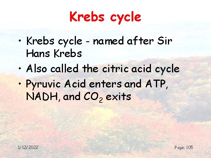 Krebs cycle • Krebs cycle - named after Sir Hans Krebs • Also called