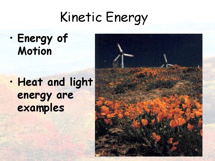 Kinetic Energy • Energy of Motion • Heat and light energy are examples 22