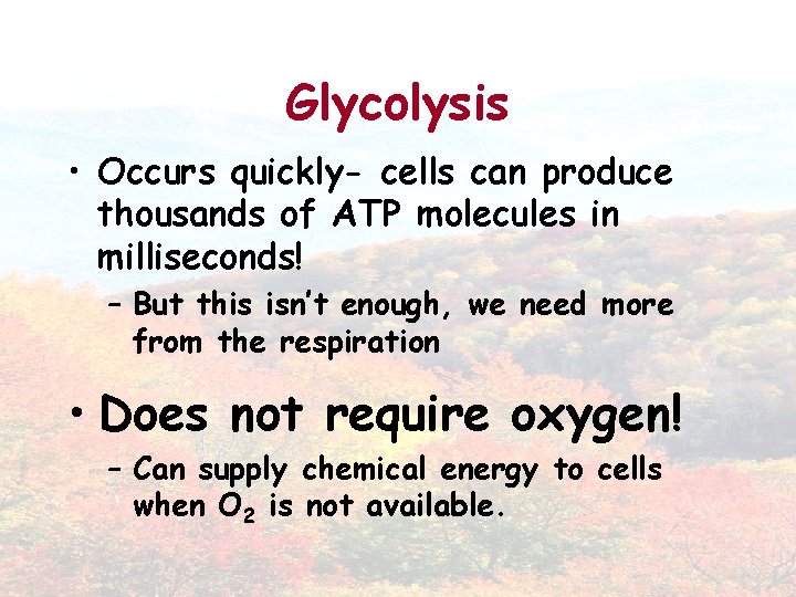 Glycolysis • Occurs quickly- cells can produce thousands of ATP molecules in milliseconds! –