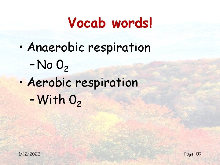 Vocab words! • Anaerobic respiration – No 02 • Aerobic respiration – With 02