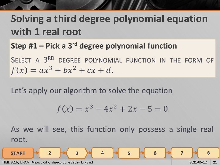 Solving a third degree polynomial equation with 1 real root § START 2 3