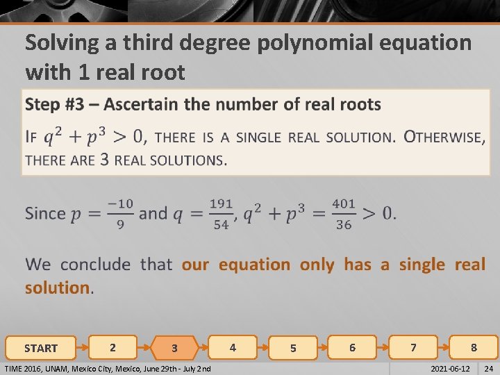 Solving a third degree polynomial equation with 1 real root § START 2 3