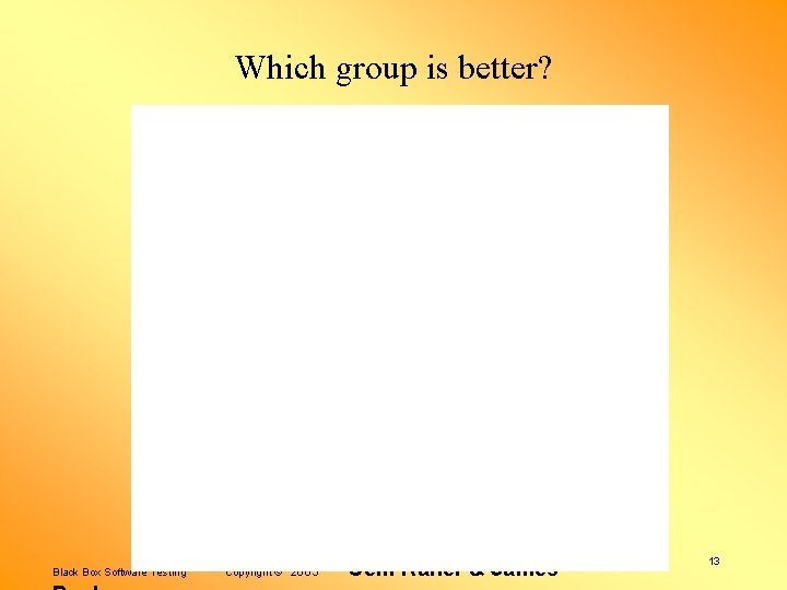 Which group is better? Black Box Software Testing Copyright © 2003 Cem Kaner &