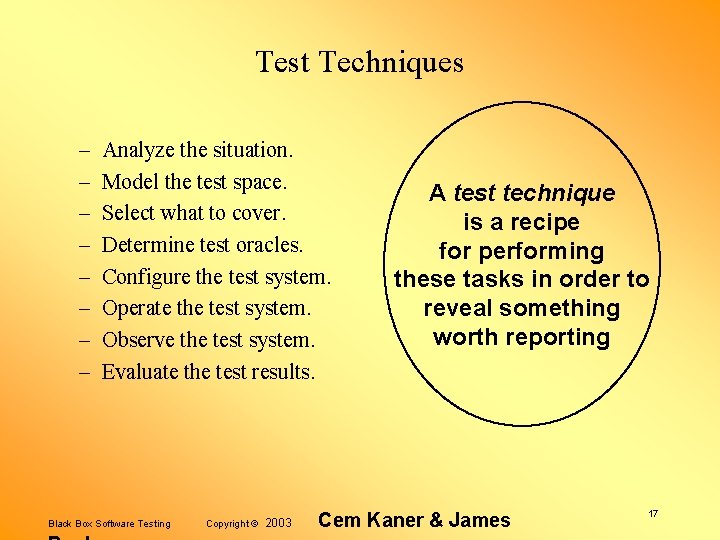 Test Techniques – – – – Analyze the situation. Model the test space. Select