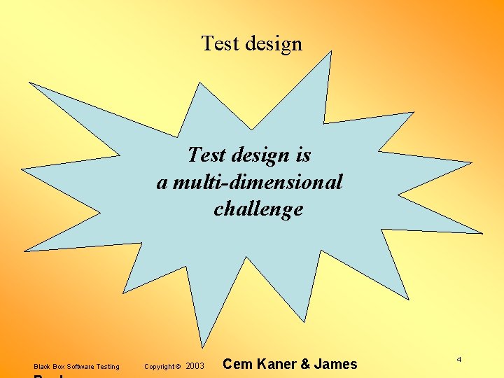 Test design is a multi-dimensional challenge Black Box Software Testing Copyright © 2003 Cem