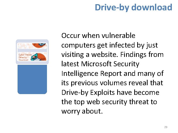 Drive-by download Occur when vulnerable computers get infected by just visiting a website. Findings