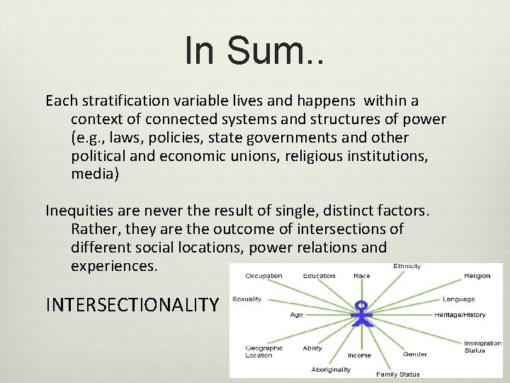 In Sum. . Each stratification variable lives and happens within a context of connected