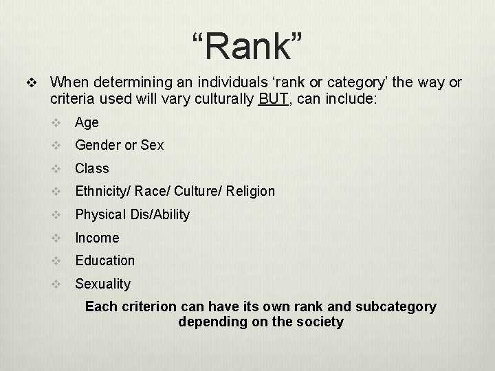 “Rank” v When determining an individuals ‘rank or category’ the way or criteria used