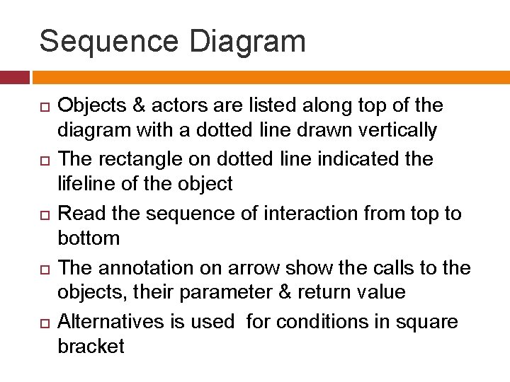 Sequence Diagram Objects & actors are listed along top of the diagram with a