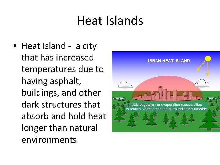 Heat Islands • Heat Island - a city that has increased temperatures due to