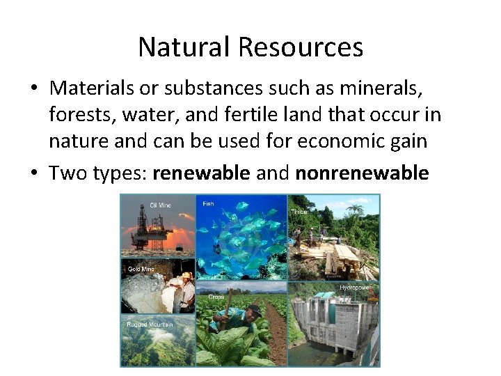 Natural Resources • Materials or substances such as minerals, forests, water, and fertile land