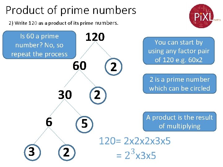 Product of prime numbers 2) Write 120 as a product of its prime numbers.