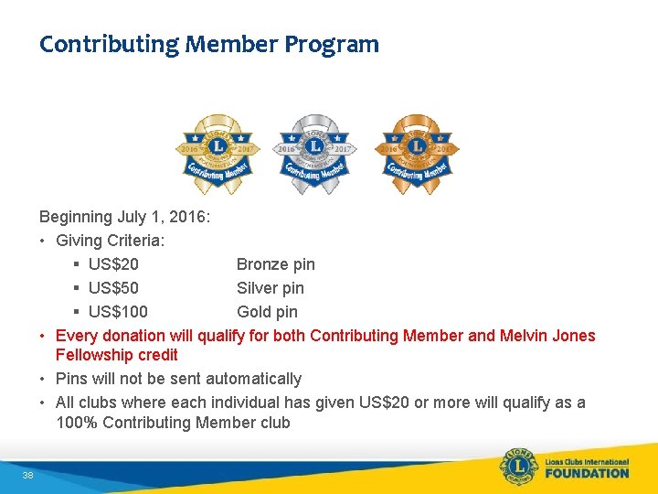 Contributing Member Program Beginning July 1, 2016: • Giving Criteria: § US$20 Bronze pin