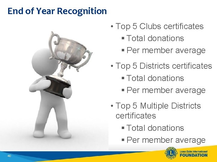 End of Year Recognition • Top 5 Clubs certificates § Total donations § Per