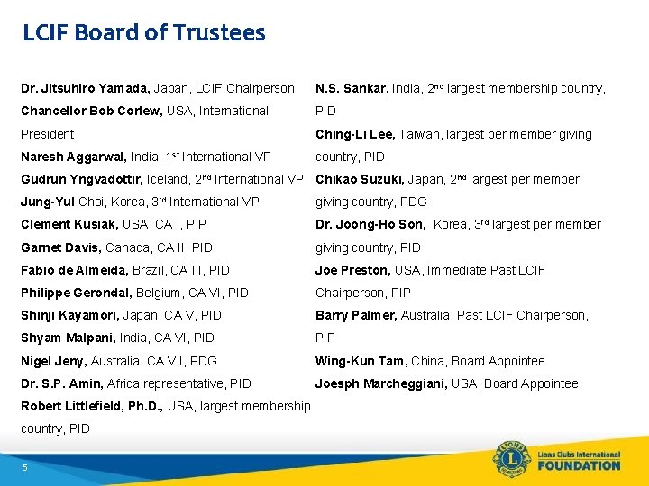 LCIF Board of Trustees Dr. Jitsuhiro Yamada, Japan, LCIF Chairperson N. S. Sankar, India,