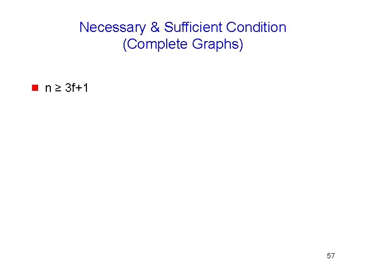 Necessary & Sufficient Condition (Complete Graphs) g n ≥ 3 f+1 57 