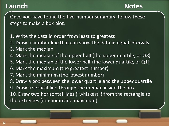 Launch Notes Once you have found the five-number summary, follow these steps to make