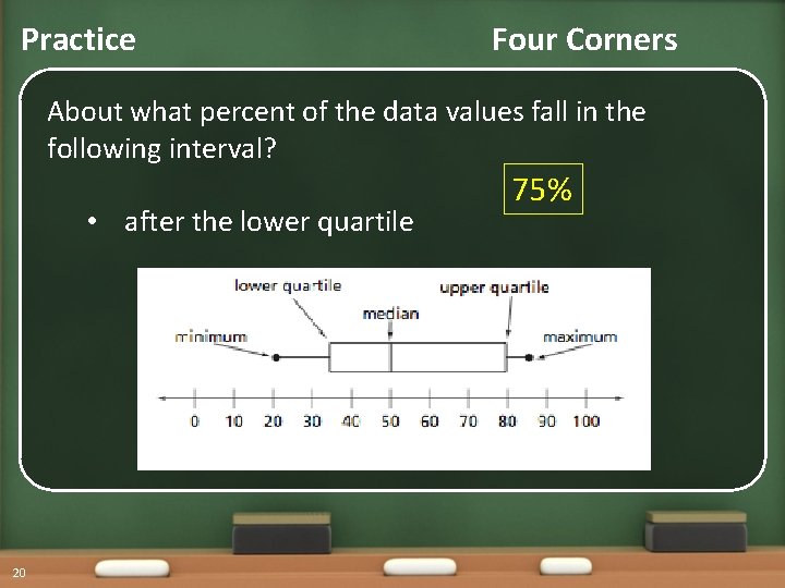 Practice Four Corners About what percent of the data values fall in the following