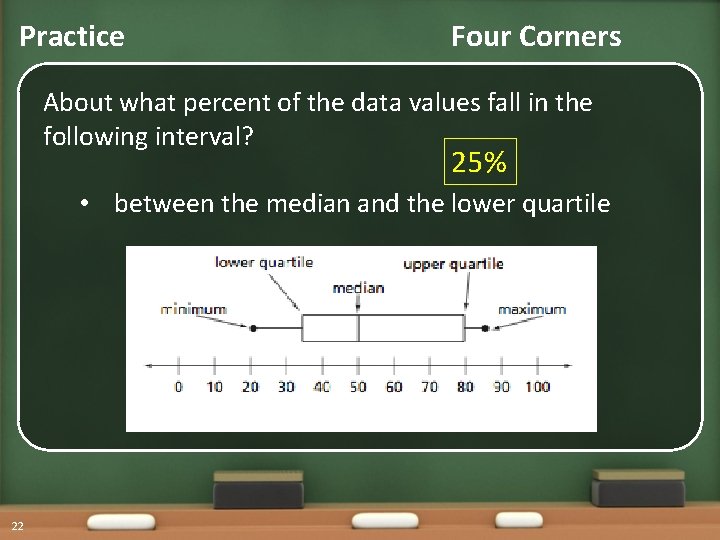 Practice Four Corners About what percent of the data values fall in the following