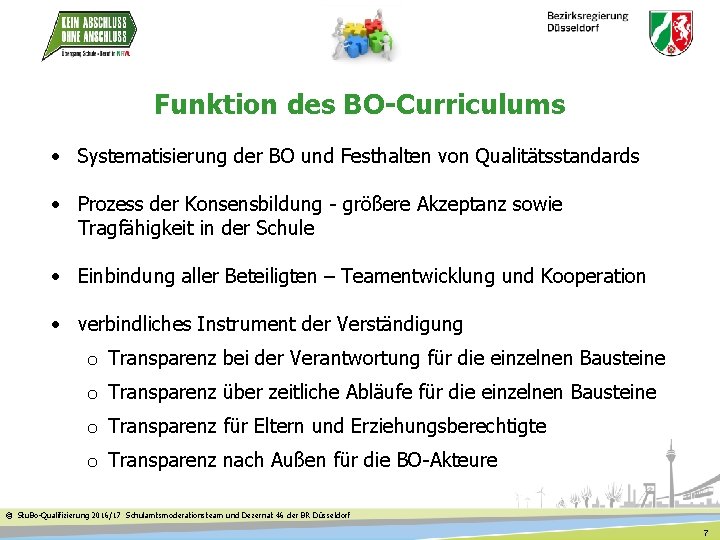 Funktion des BO-Curriculums • Systematisierung der BO und Festhalten von Qualitätsstandards • Prozess der