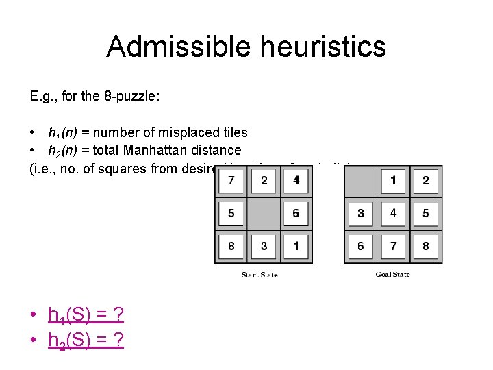 Admissible heuristics E. g. , for the 8 -puzzle: • h 1(n) = number