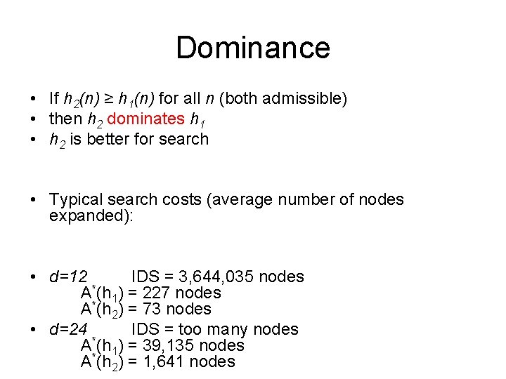 Dominance • If h 2(n) ≥ h 1(n) for all n (both admissible) •