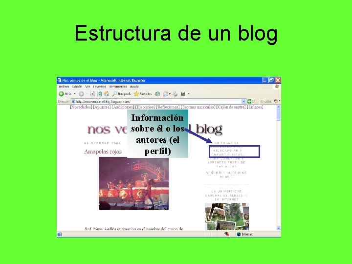 Estructura de un blog Información sobre él o los autores (el perfil) 