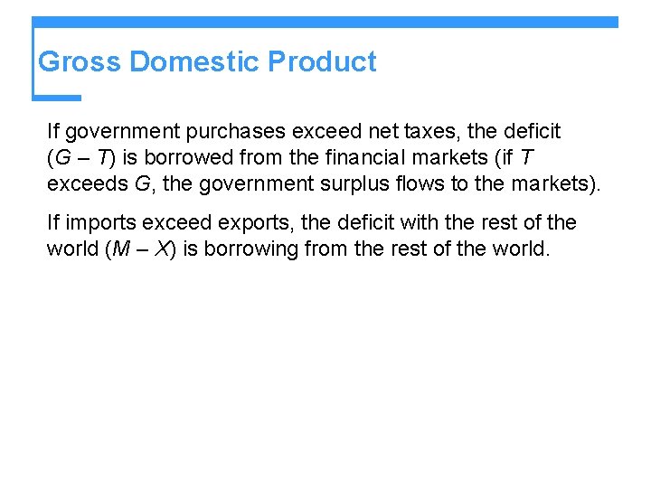 Gross Domestic Product If government purchases exceed net taxes, the deficit (G – T)