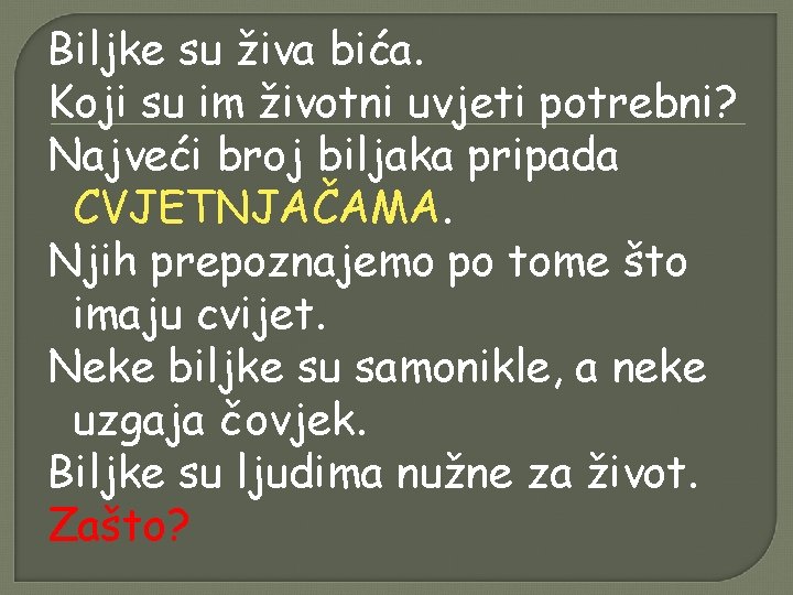 Biljke su živa bića. Koji su im životni uvjeti potrebni? Najveći broj biljaka pripada