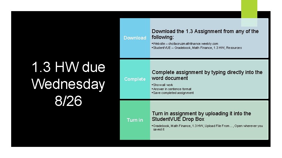 Download the 1. 3 Assignment from any of the following: • Website – chollacruzmathfinance.