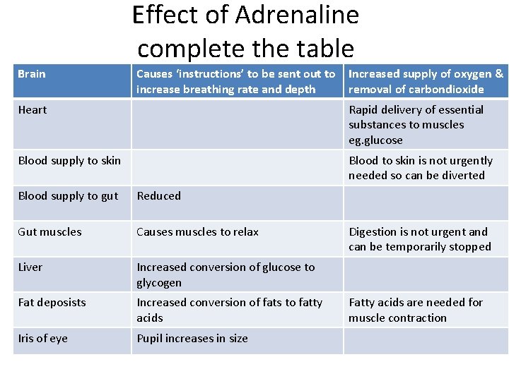 Effect of Adrenaline complete the table Brain Causes ‘instructions’ to be sent out to