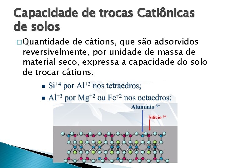 Capacidade de trocas Catiônicas de solos � Quantidade de cátions, que são adsorvidos reversivelmente,