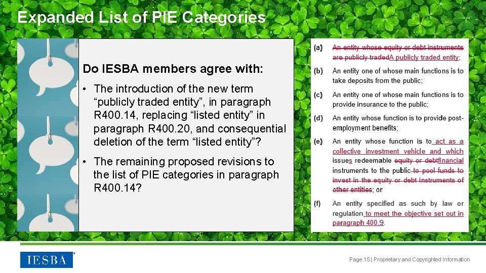 Expanded List of PIE Categories Do IESBA members agree with: • The introduction of