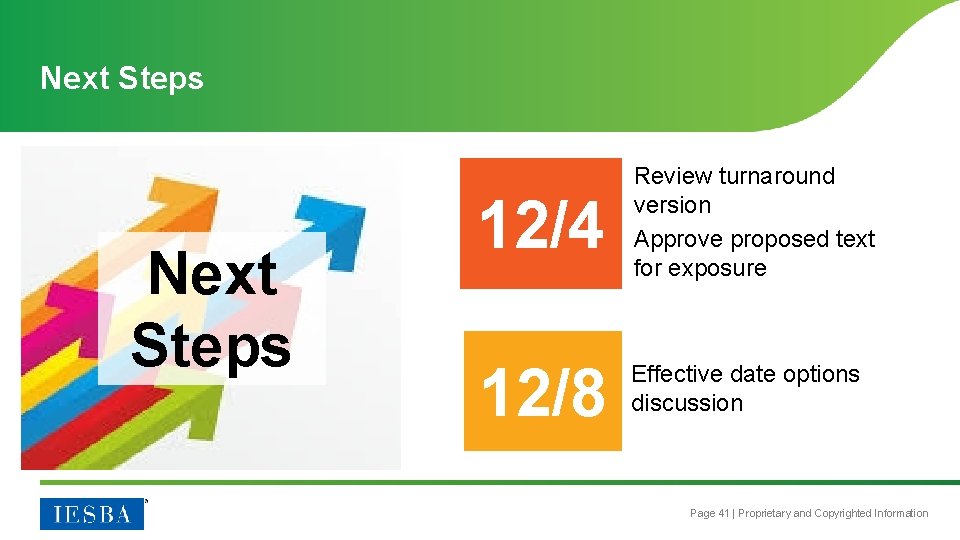 Next Steps 12/4 Review turnaround version Approve proposed text for exposure 12/8 Effective date