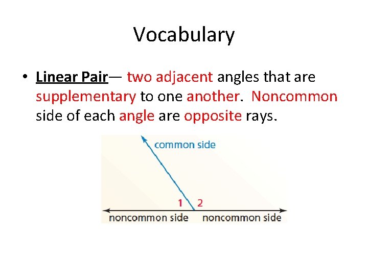 Vocabulary • Linear Pair— two adjacent angles that are supplementary to one another. Noncommon Vocabulary • Linear Pair— two adjacent angles that are supplementary to one another. Noncommon