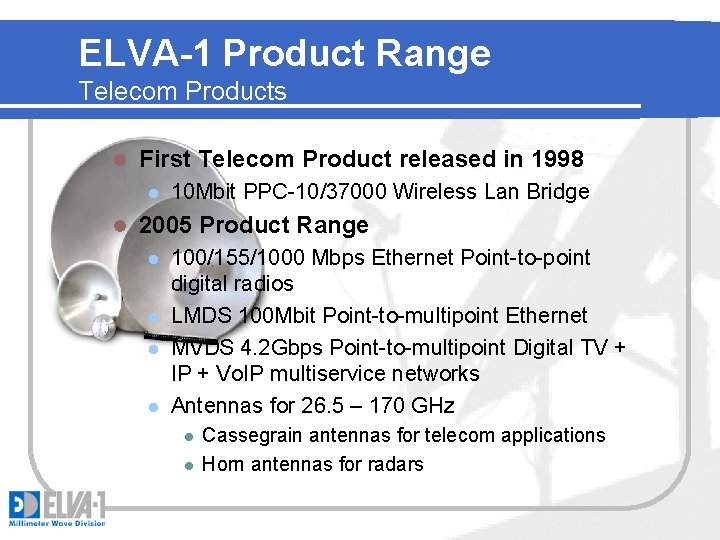 ELVA-1 Product Range Telecom Products l First Telecom Product released in 1998 l l