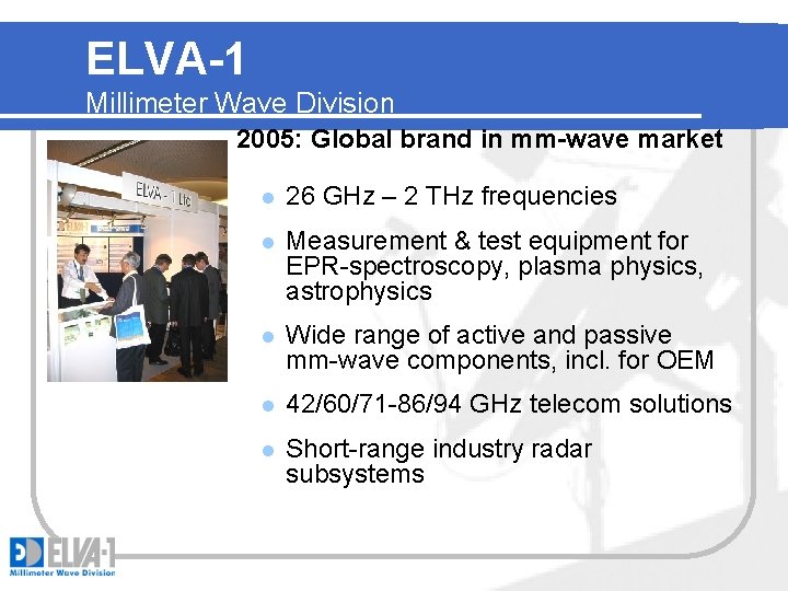ELVA-1 Millimeter Wave Division 2005: Global brand in mm-wave market l 26 GHz –