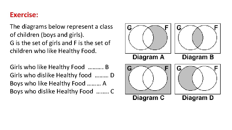 Exercise: The diagrams below represent a class of children (boys and girls). G is