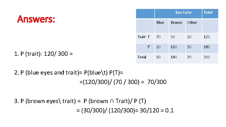 Eye Color Answers: 1. P (trait): 120/ 300 = Total Blue Brown Other Trait