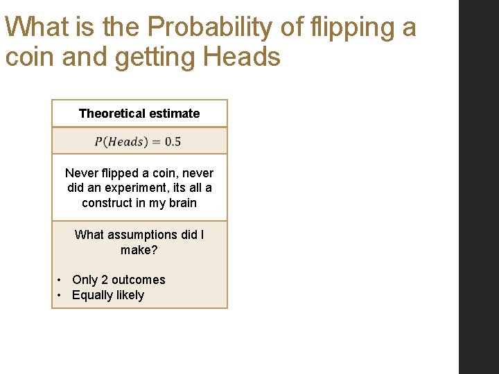 What is the Probability of flipping a coin and getting Heads Theoretical estimate Never