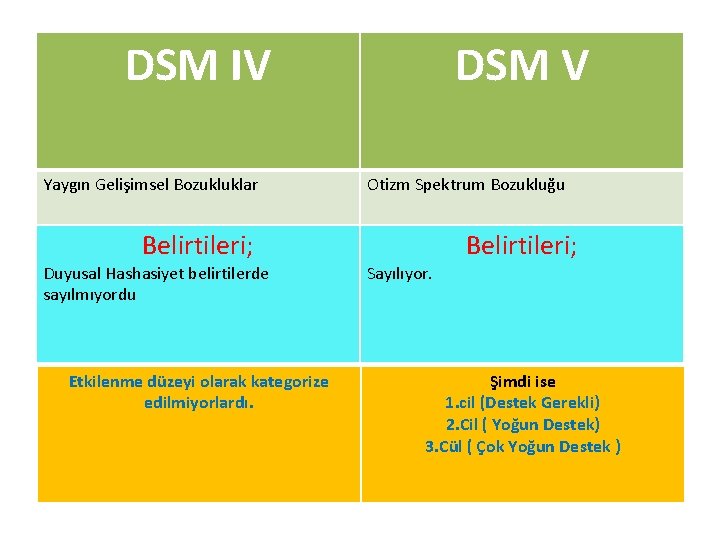 DSM IV Yaygın Gelişimsel Bozukluklar Belirtileri; Duyusal Hashasiyet belirtilerde sayılmıyordu Etkilenme düzeyi olarak kategorize