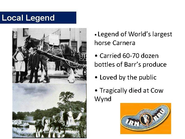 Local Legend • Legend of World’s largest horse Carnera • Carried 60 -70 dozen